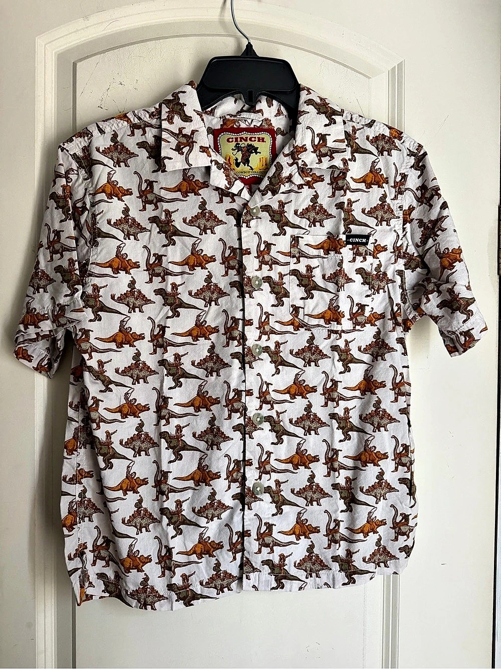 Cinch Boy's Bronc-A-Saurus Camp Shirt White & Brown XL